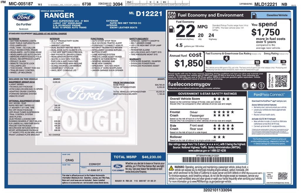 2021 Ford Ranger Lariat 501A Sport FX4